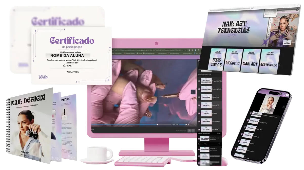 Área de membros do curso de nail art online By Clara Nails: certificado, aulas no notebook e no celular