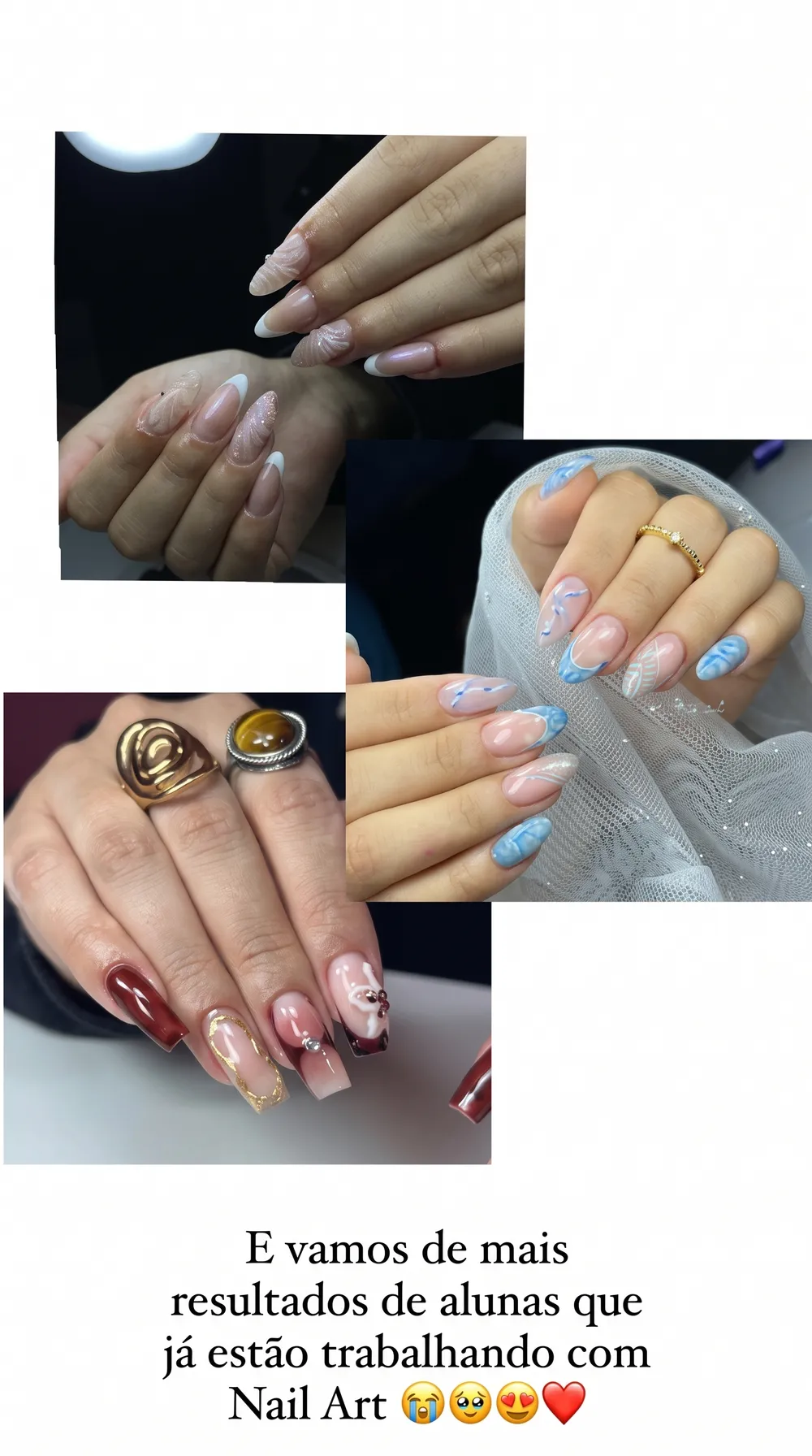 Colagem de resultados de alunas: unhas com francesinha e relevo, unhas azuis com detalhes e unhas vinho com foil dourado