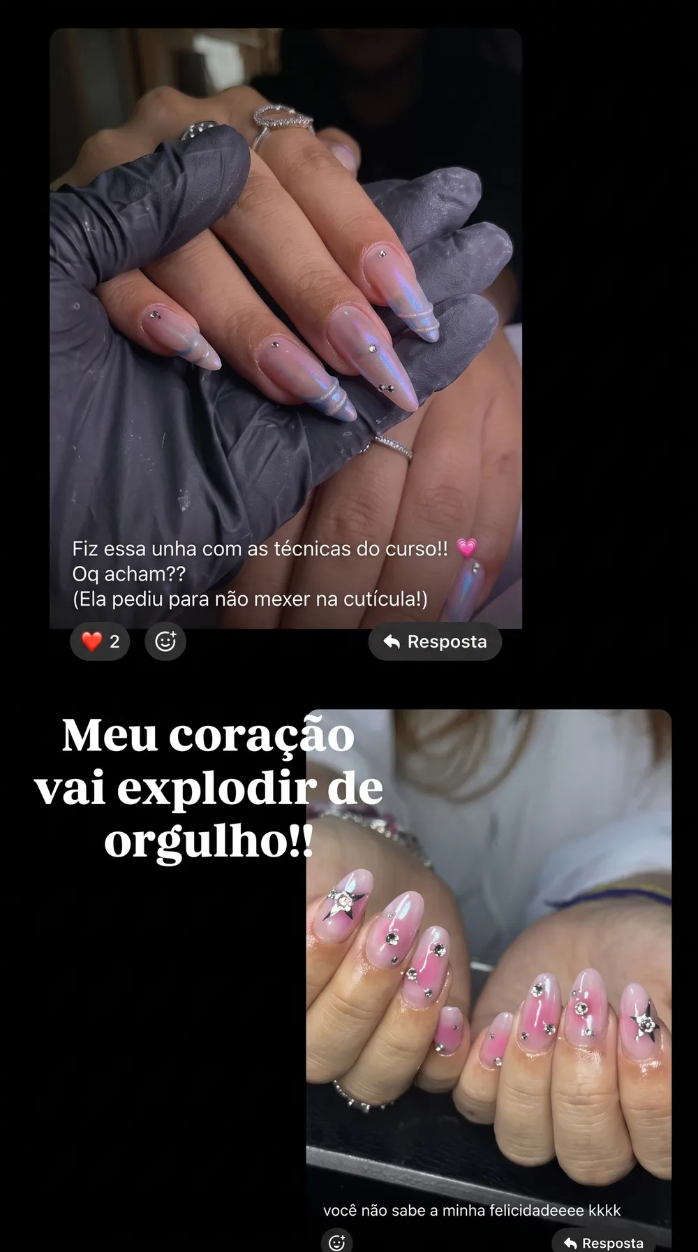 Mensagem de aluna com foto de unhas em degradê holográfico feitas com as técnicas do curso e outra foto de unhas rosa com strass e estrelas