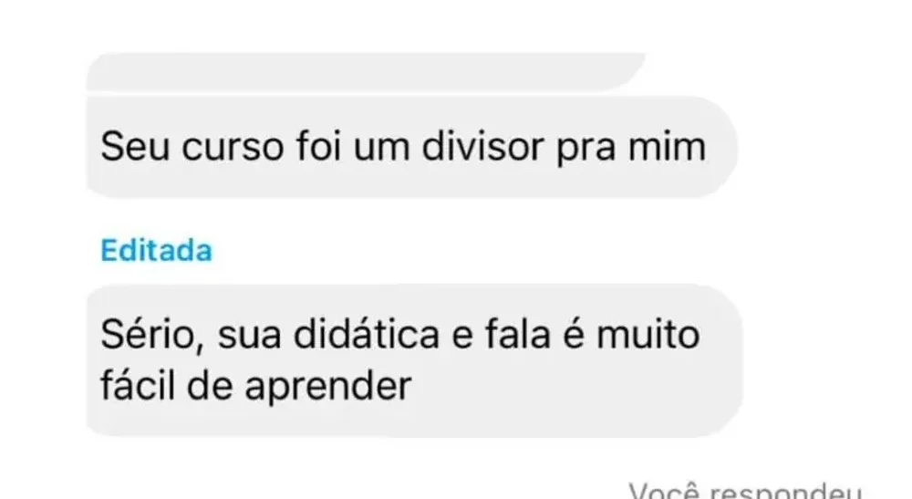 Mensagem de aluna dizendo que o curso foi um divisor e que a didática é muito fácil de aprender
