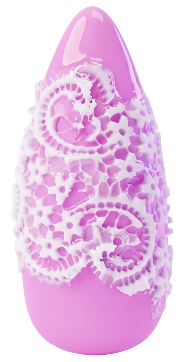 Unha rosa com renda branca em relevo